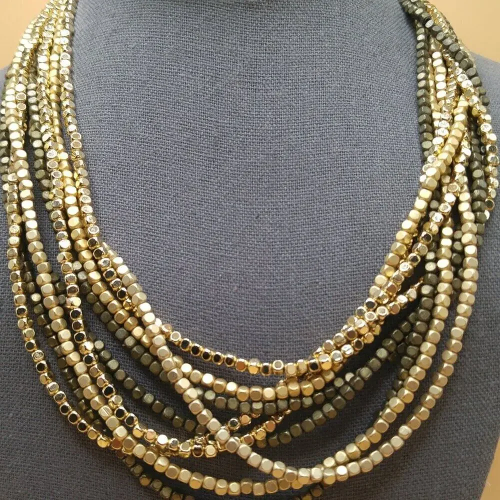 Chico’s Multistrand Metallic Gold Cube Bead Necklace Layered Statement